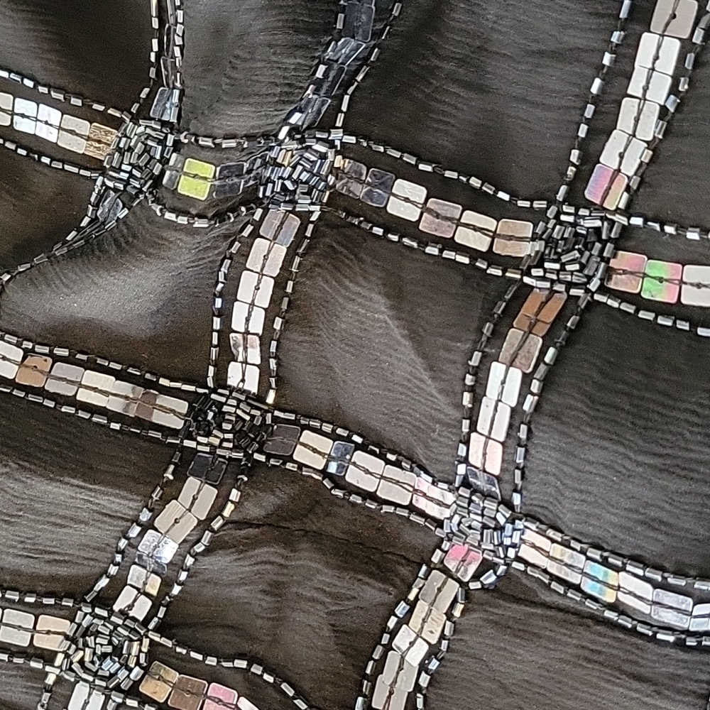 True Vintage 1980s Black and Silver Sequins Beaded Top  Scallop Edging M L